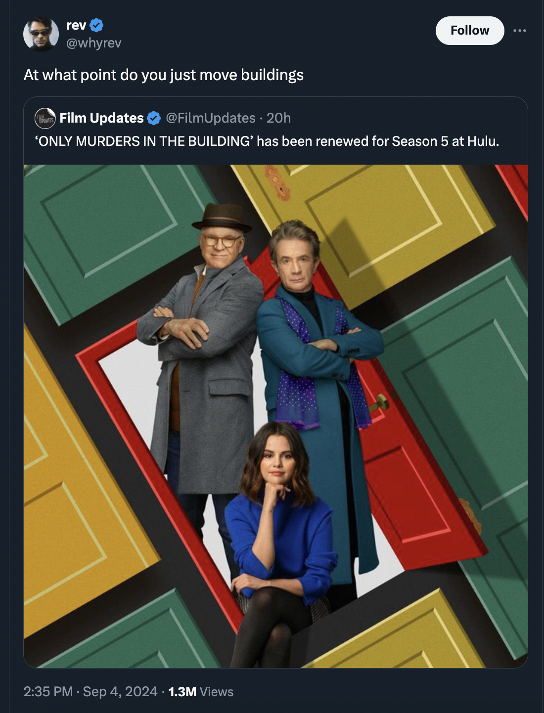 only murders in the building s02 - rev At what point do you just move buildings Film Updates 20h 'Only Murders In The Building' has been renewed for Season 5 at Hulu. 1.3M Views